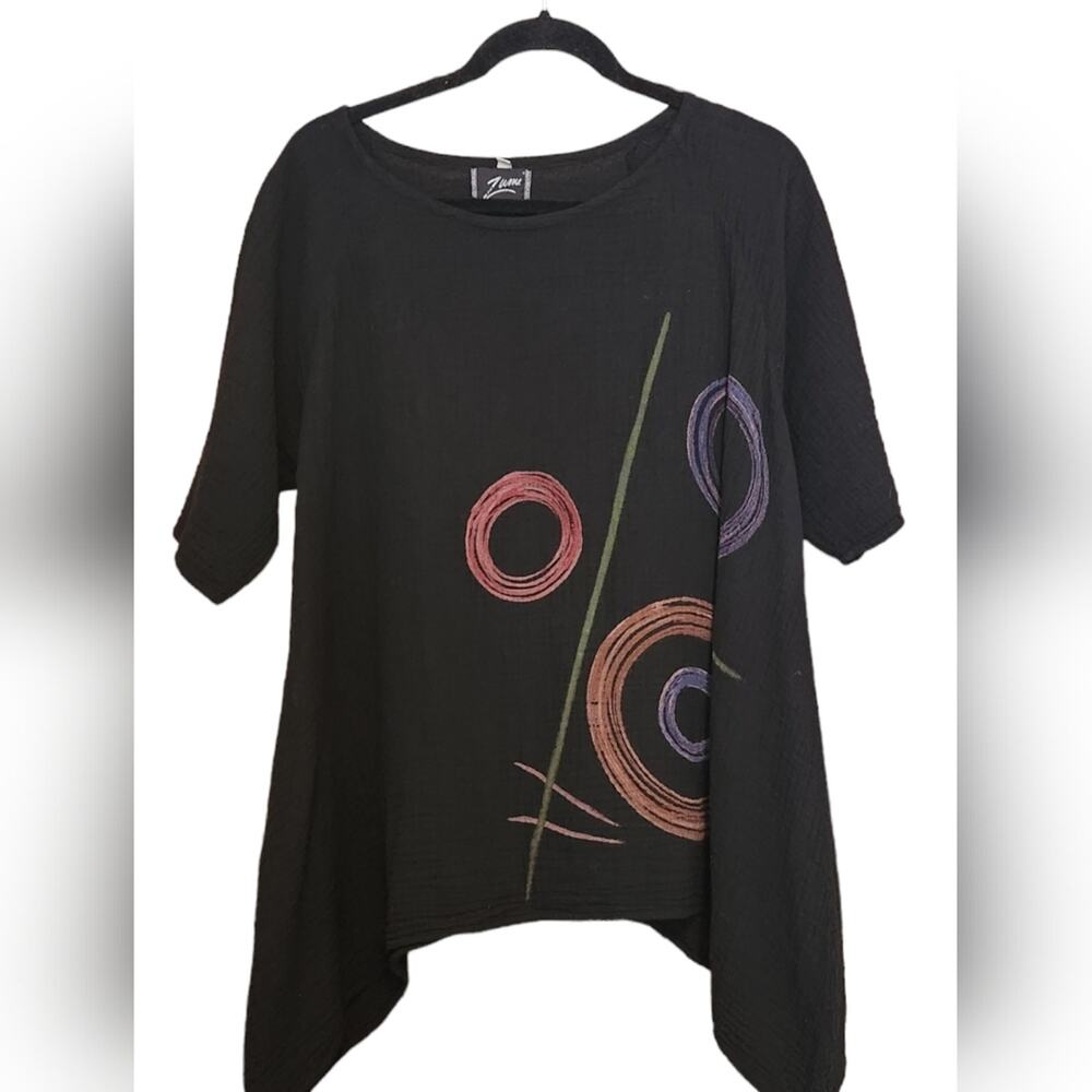 ZUMI Black Gauze Draped Top, Circle Design, Sharkbite, size L/XL